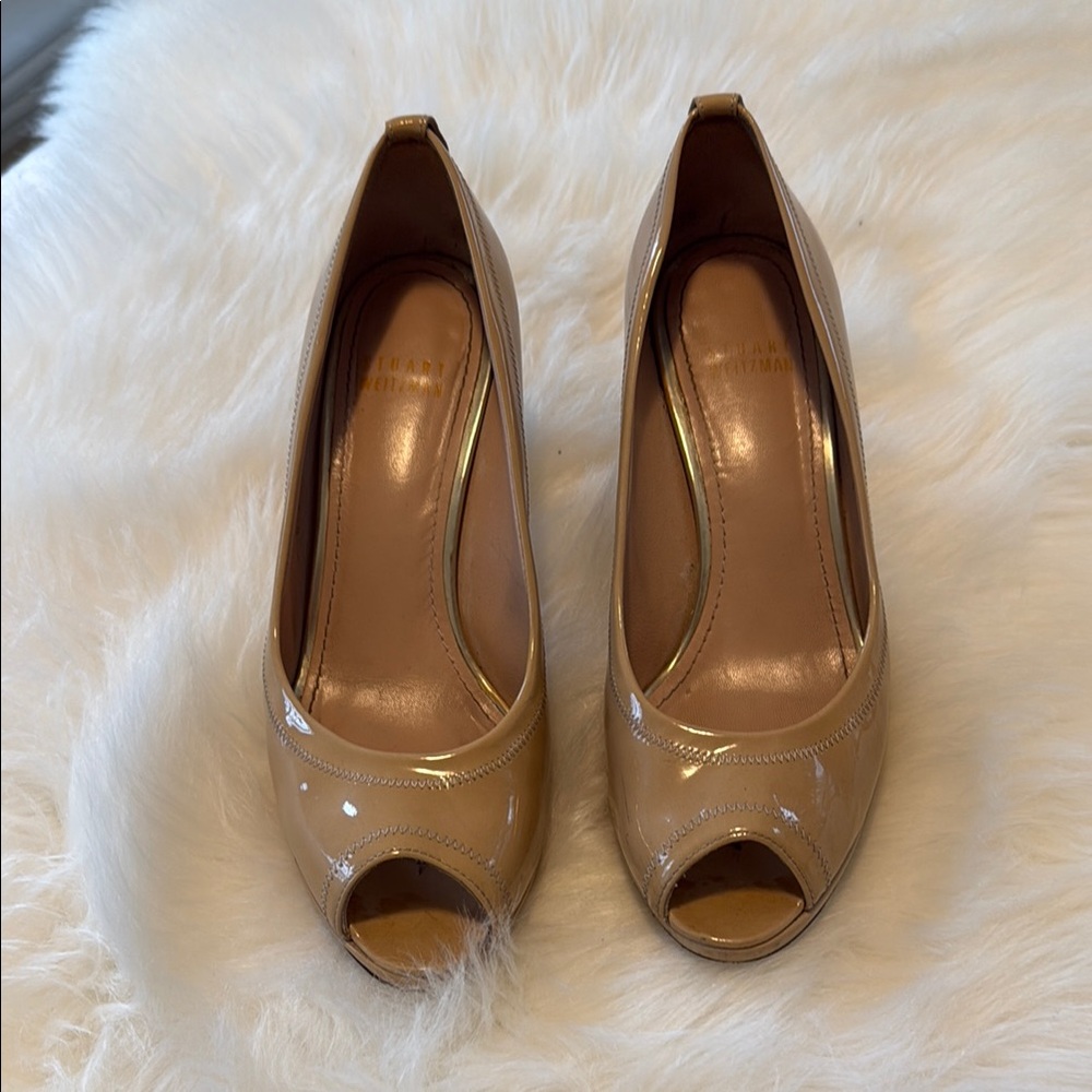 Stuart Weitzman Nude Patent Peep Toe Heel